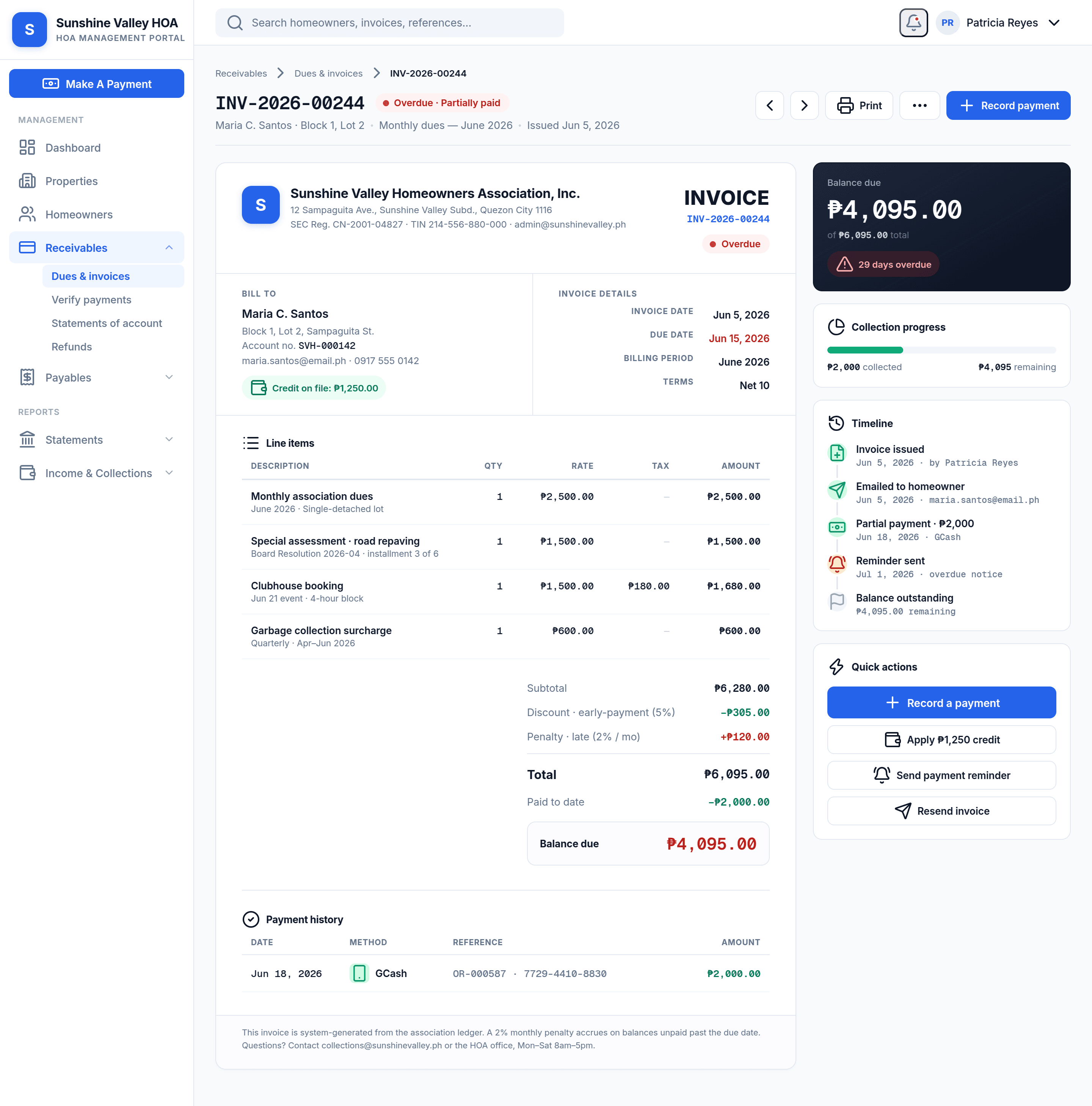 MyHOA invoice detail view with line items, payments applied, and outstanding balance