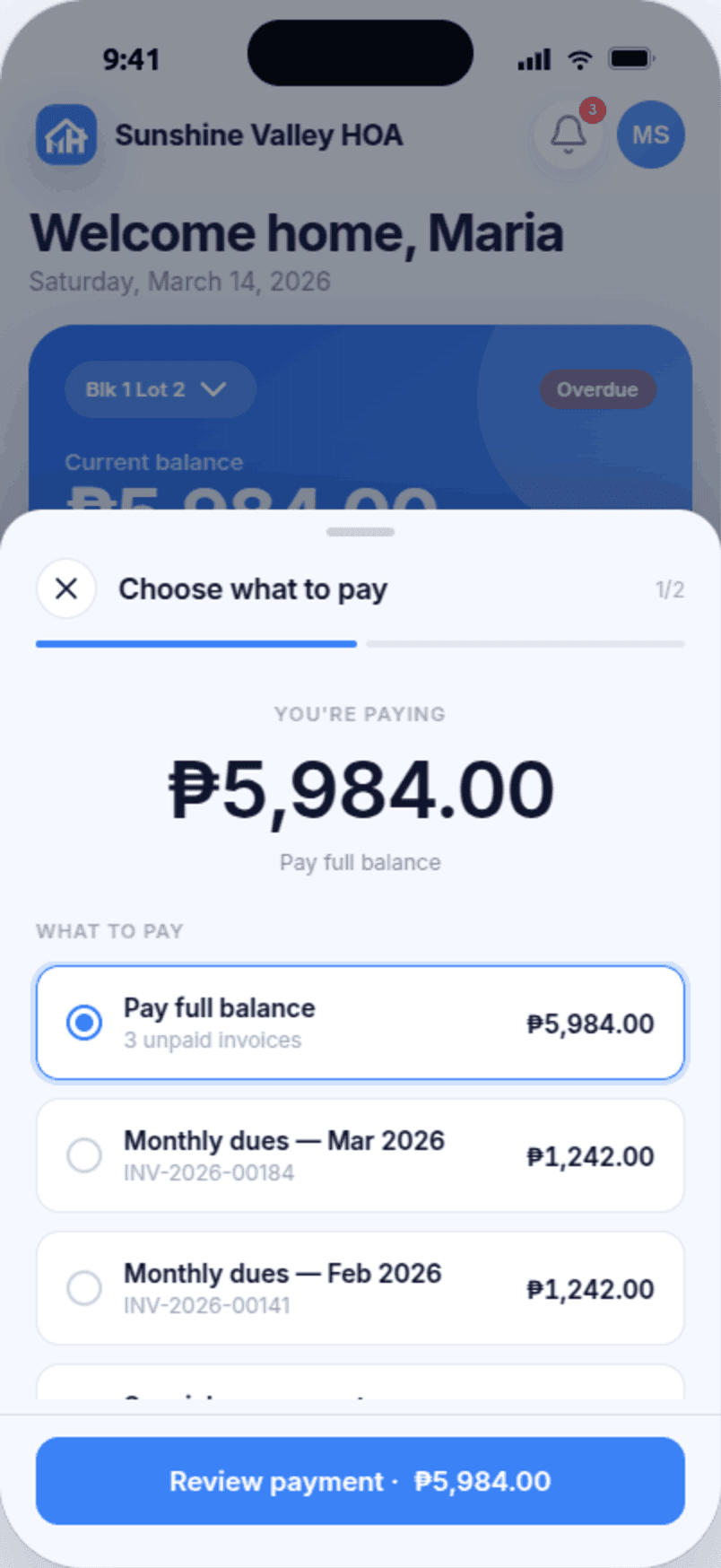 MyHOA mobile payment flow for settling HOA dues via GCash or Maya