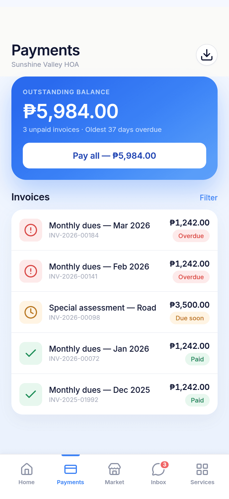MyHOA mobile payment history showing HOA dues and payment status